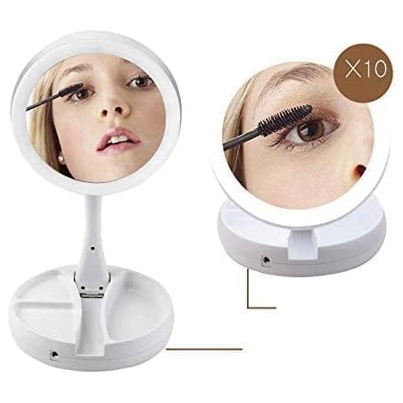 1 miroir de maquillage à LED double face pliable avec loupe et miroir de voyage portable avec lumière LED en plein jour (blanc)