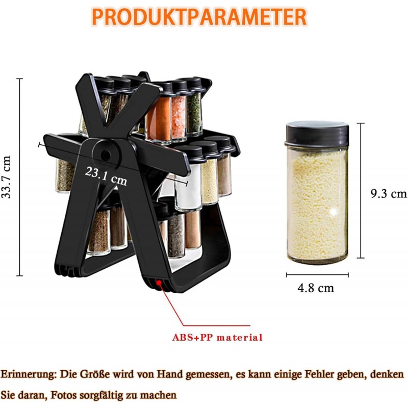 Carrousel à épices rotatif à 360 ° avec 18 pots à épices transparents avec insert à saupoudrer papier d'étiquette et stylo