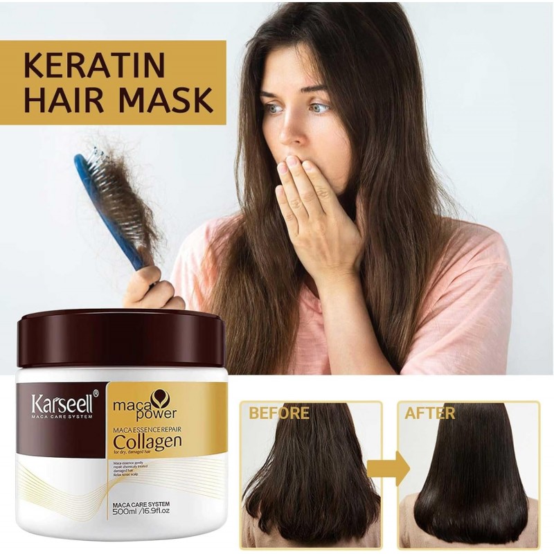 Karseell Masque capillaire au collagène, traitement capillaire, 500 ml, réparateur en profondeur, huile d'argan, collagène, pour