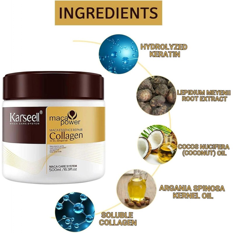 Karseell Masque capillaire au collagène, traitement capillaire, 500 ml, réparateur en profondeur, huile d'argan, collagène, pour