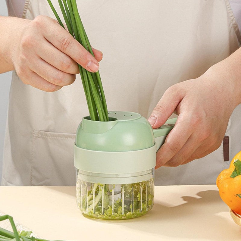 Coupe-légumes électrique portable 4 en 1 - Petit robot de cuisine multifonction - Hachoir à oignon - Trancheuse de concombre