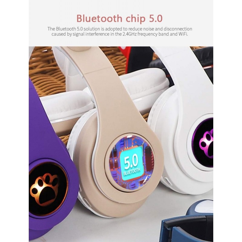 COLTD Oreilles de chat Bluetooth sans fil avec micro et lumières LED