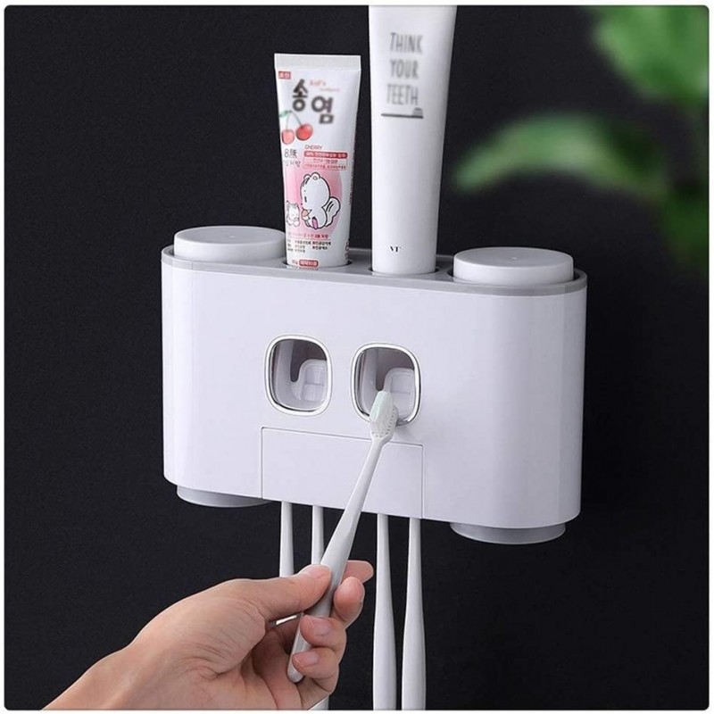 Distributeur Automatique de Dentifrice Porte-Brosse à Dents Anti-poussière avec gobelets Support Mural sans Ongles Étagère