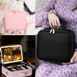 Trousse de voyage de maquillage éclairée avec grand miroir lumineux LED, organisateur de sac Coetic, trois sources de lumière