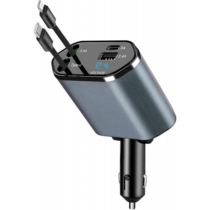 Chargeur de Voiture rétractable 120 W 4 en 1 avec câbles rétractables et Affichage de la Tension avec Ports USB/USB-C/Compatible