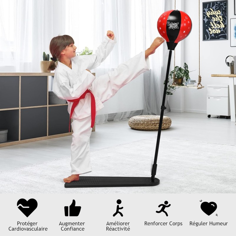 GYMAX Punching Ball pour Enfants 85-130cm Réglable en Hauteur, Sac de Frappe sur Pied avec Gants de Boxe & Pompe à Main