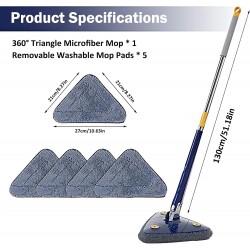 Triangle Mop Réglable Rotatif à 360°, Balai Serpillere Nettoyage Triangle , Mop Humide et sec avec 5 Chiffons pour Fenêtres,