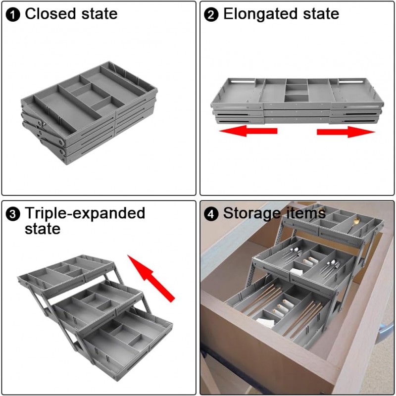 Abnaok 3 Tier Tiroir Organisateur Pliable Extensible Bureau Organisateur pour Fournitures De Bureau Ustensiles De Cuisine